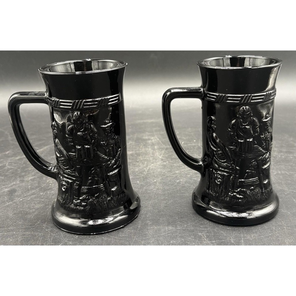 2 Vintage Indiana Glass Tiara Black Amethyst Milk Glass Tavern Scene Mugs Steins